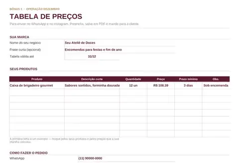 Tabela de preços
