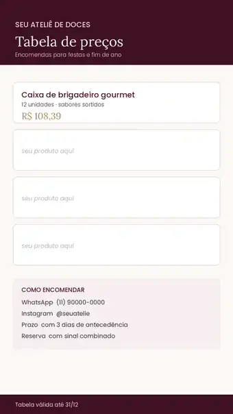 Tabela de preços em versão para celular, pronta para enviar no WhatsApp
